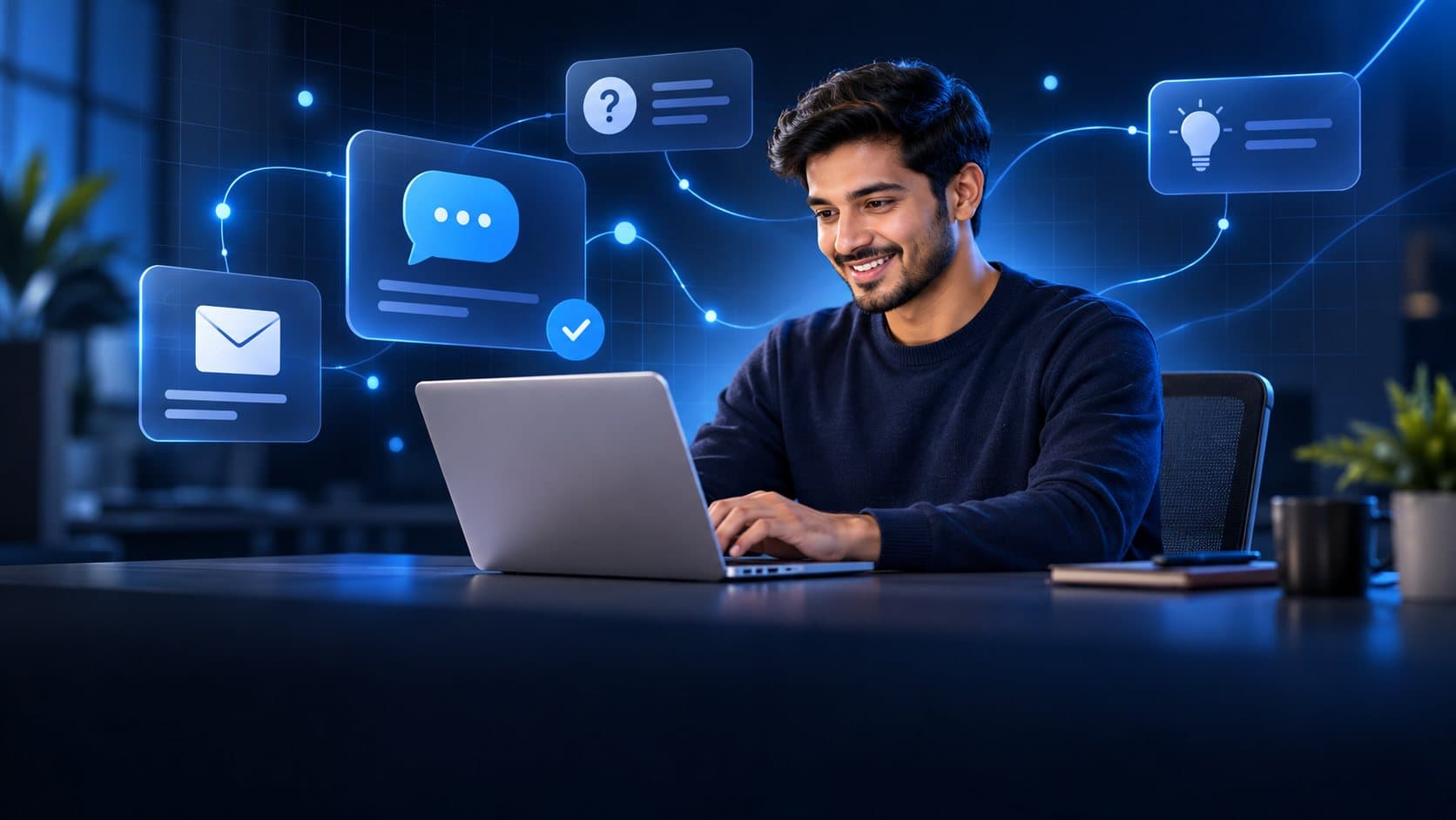 Smiling person typing on a laptop, surrounded by floating message, email, question and idea cards
