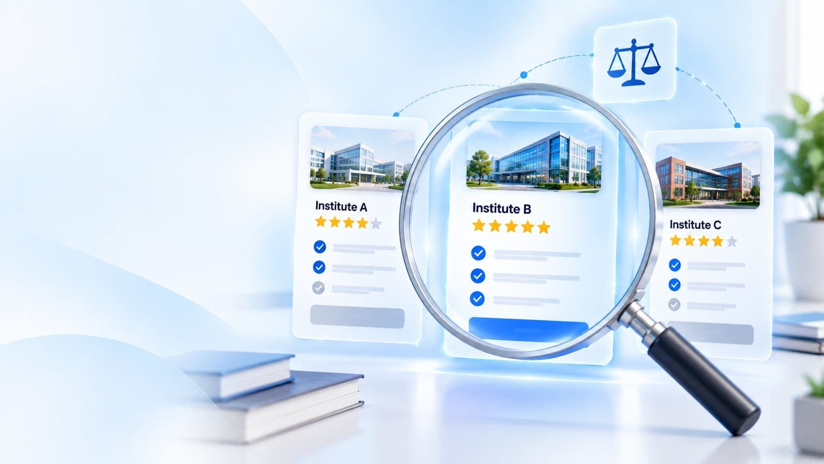 Magnifying glass over three institute comparison cards with star ratings and checklists, next to a balance-scale icon