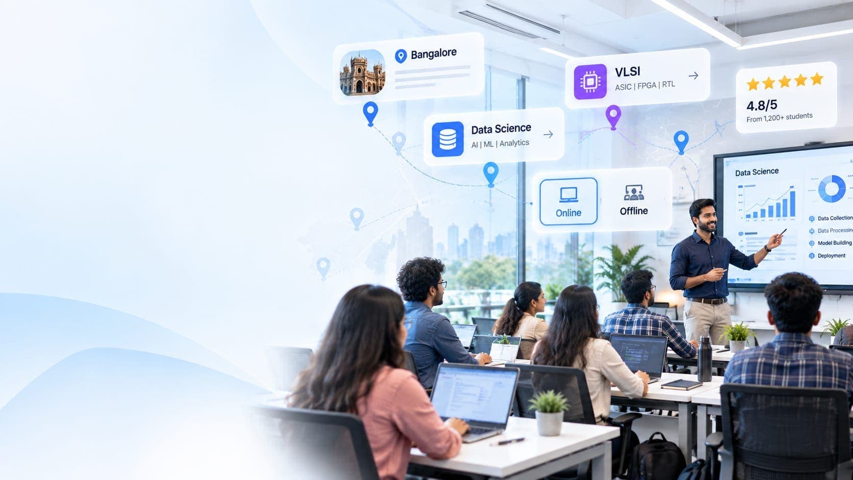 Trainer teaching a data science class, with floating cards for city, course, online or offline mode and rating